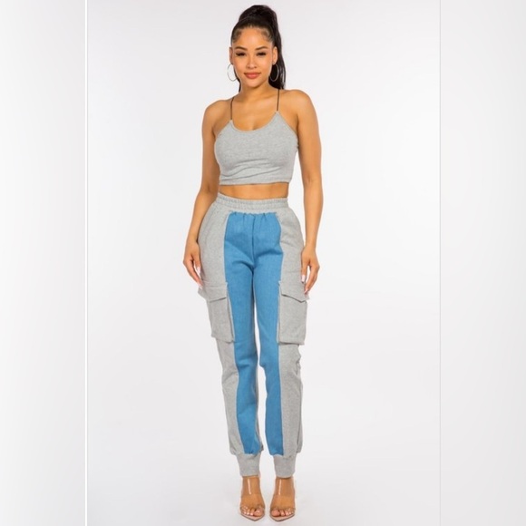 GREY FRENCH TERRY-DENIM COMBO CARGO PANT WITH TANK TOP SET - Picture 4 of 13